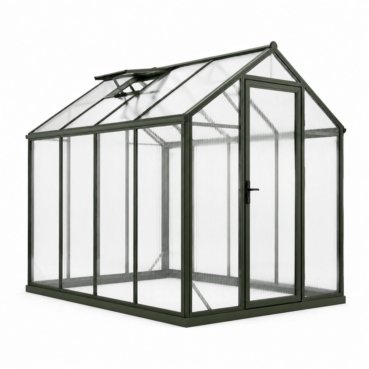 Serre de jardin en aluminium vert et polycarbonate translucide 250 × 190 × 195 cm avec lucarne de toit ouvrante