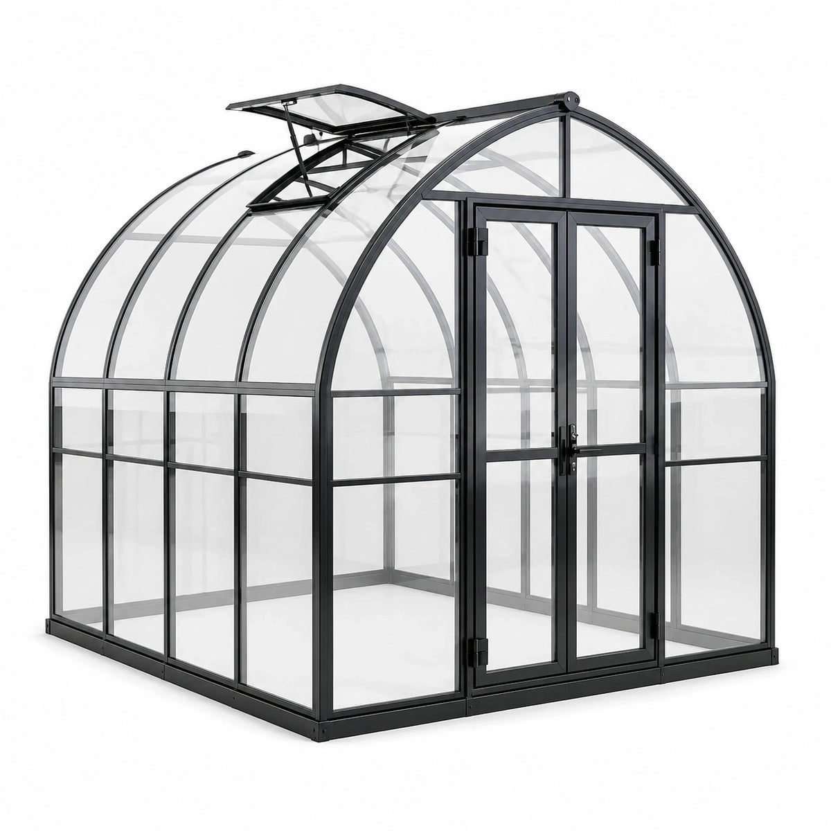 Serre de jardin en aluminium noir et polycarbonate transparent, 244 × 244 × 228 cm, toit cintré avec lucarne