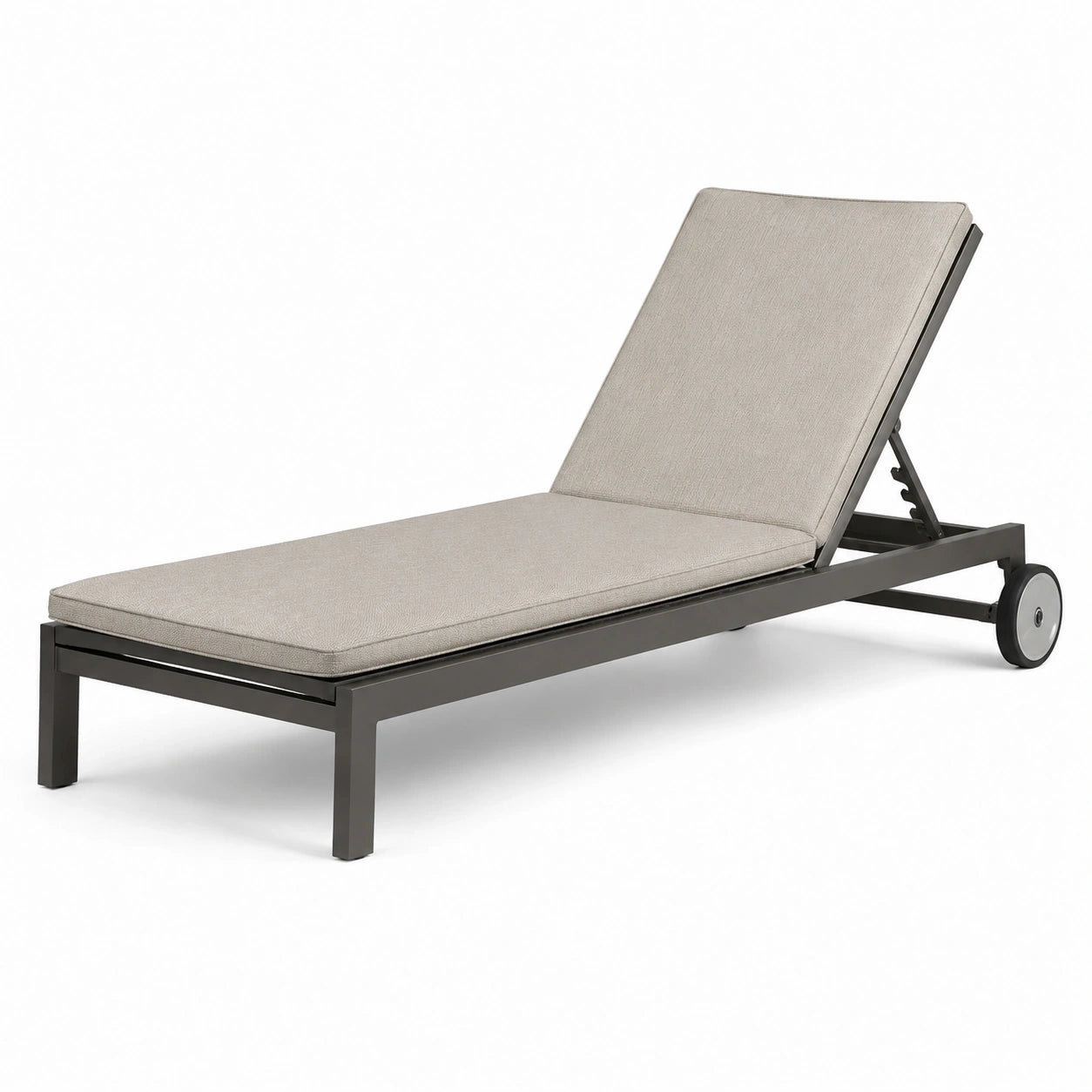 Bain de soleil en métal gris avec coussin beige, dossier inclinable et roulettes, 198 × 68 × 95 cm