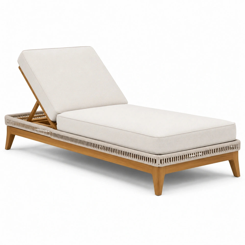 Bain de soleil inclinable en bois naturel avec corde tressée et coussin écru, 200 × 75 × 95 cm
