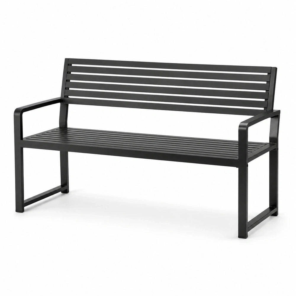 Banc de jardin à lattes en acier noir avec accoudoirs, 120 × 60 × 85 cm