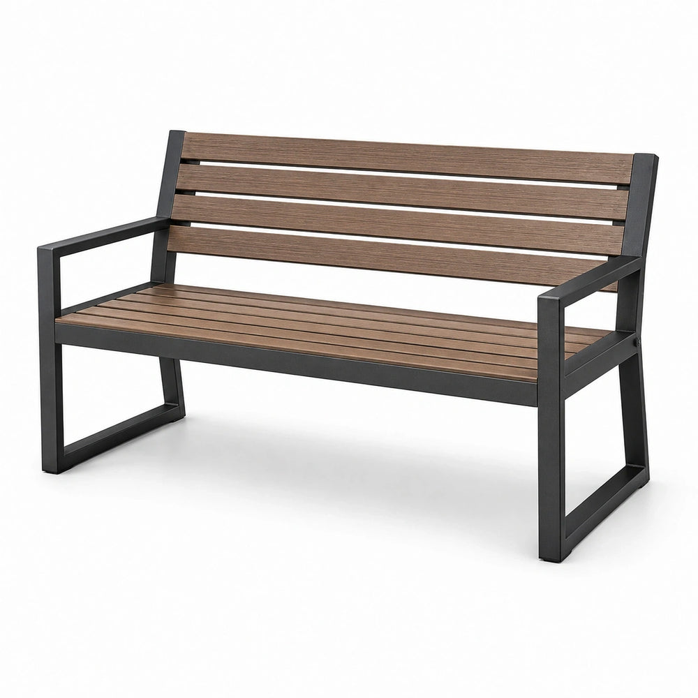 Banc de jardin 2 places en acier noir et composite marron, 120 × 60 × 85 cm