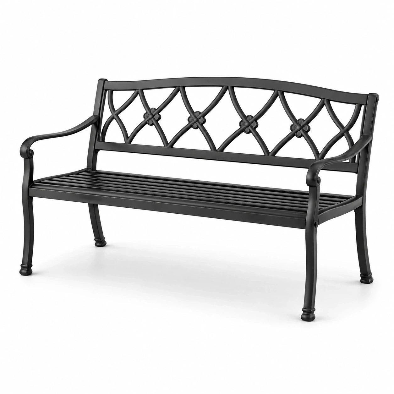 Banc de jardin en métal noir avec dossier décoratif, 127 × 60 × 87 cm