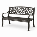 Banc de jardin noir en métal à deux places, 127 × 60 × 85 cm, dossier à motif feuillage et accoudoirs