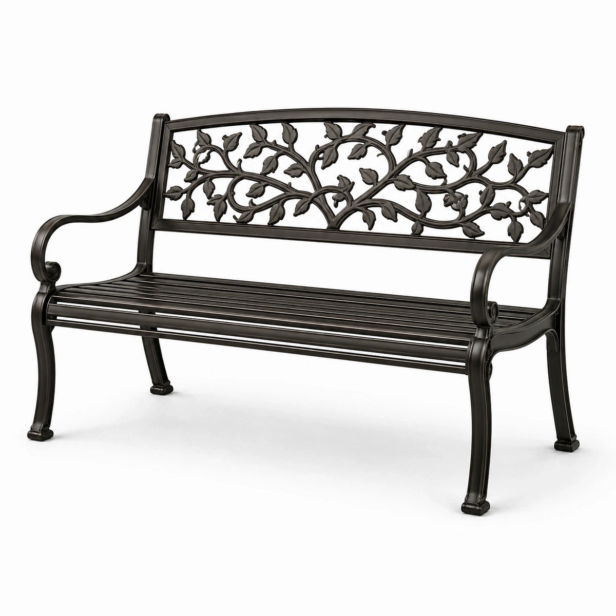 Banc de jardin noir en métal à deux places, 127 × 60 × 85 cm, dossier à motif feuillage et accoudoirs