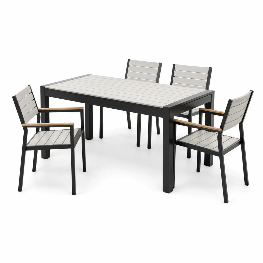 Ensemble de jardin 5 pièces pour 4 personnes avec table de 150 × 90 × 75 cm, noir, gris clair et marron