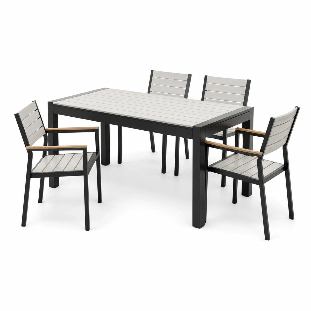 Ensemble de jardin 5 pièces pour 4 personnes avec table de 150 × 90 × 75 cm, noir, gris clair et marron