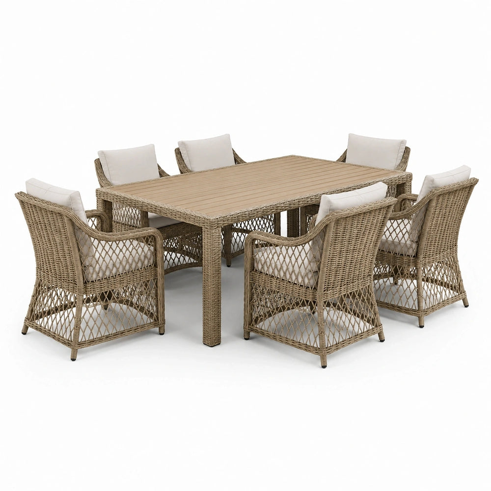 Salon de jardin beige 7 pièces avec table de 200 × 100 × 75 cm et 6 fauteuils de 62 × 68 × 88 cm