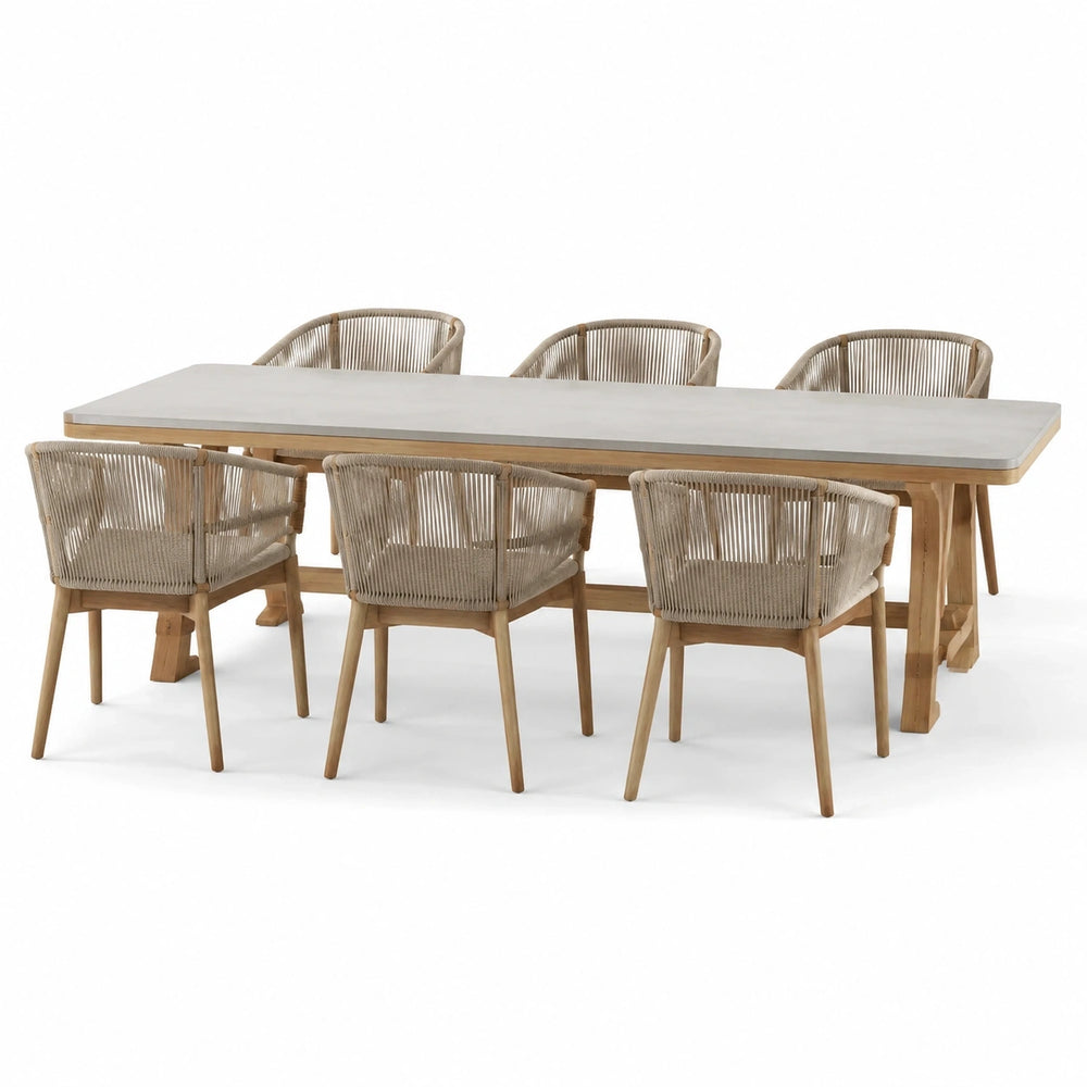 Ensemble repas 7 pièces avec table 240 × 100 × 76 cm et 6 fauteuils 59 × 63 × 78 cm, bois naturel, beige et gris clair