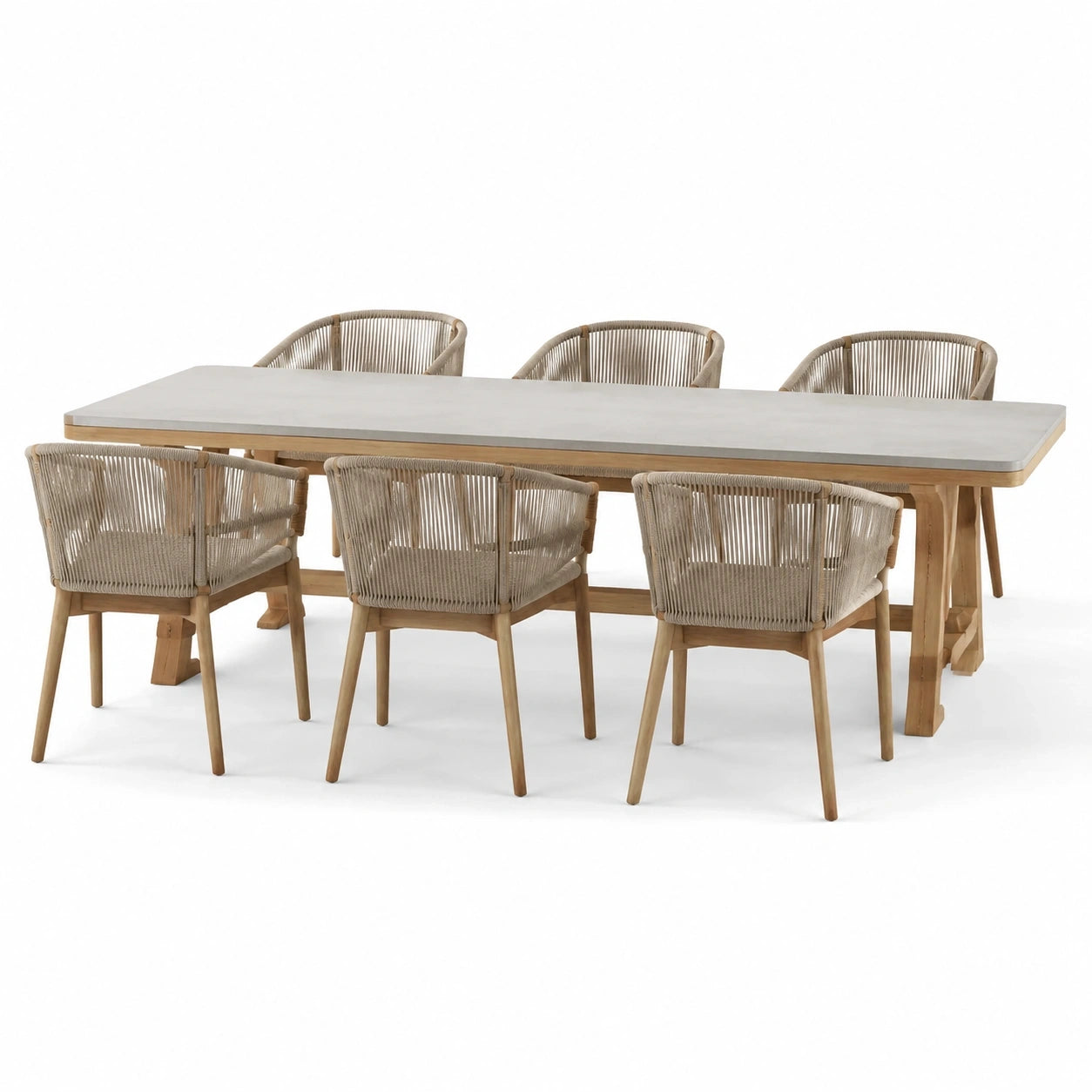 Ensemble repas 7 pièces avec table 240 × 100 × 76 cm et 6 fauteuils 59 × 63 × 78 cm, bois naturel, beige et gris clair