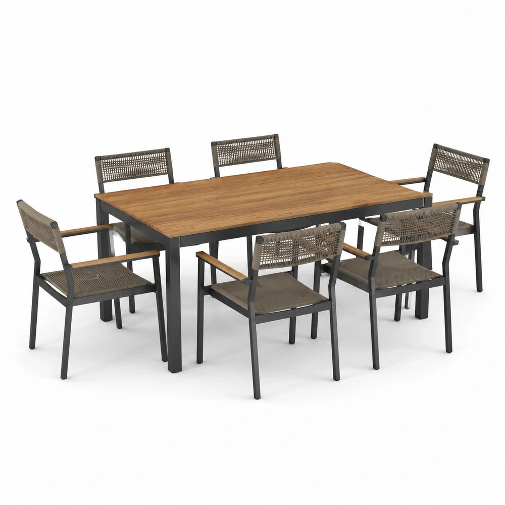 Ensemble repas extérieur 7 pièces, table 160 × 90 × 75 cm et 6 fauteuils 57 × 60 × 88 cm, marron, anthracite et taupe