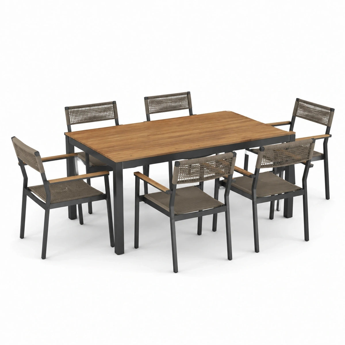 Ensemble repas extérieur 7 pièces, table 160 × 90 × 75 cm et 6 fauteuils 57 × 60 × 88 cm, marron, anthracite et taupe