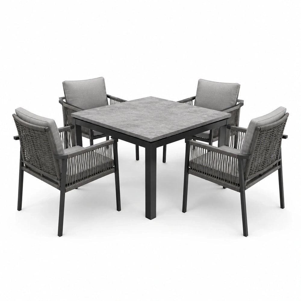 Table carrée 100 × 100 × 75 cm avec 4 fauteuils, gris et anthracite