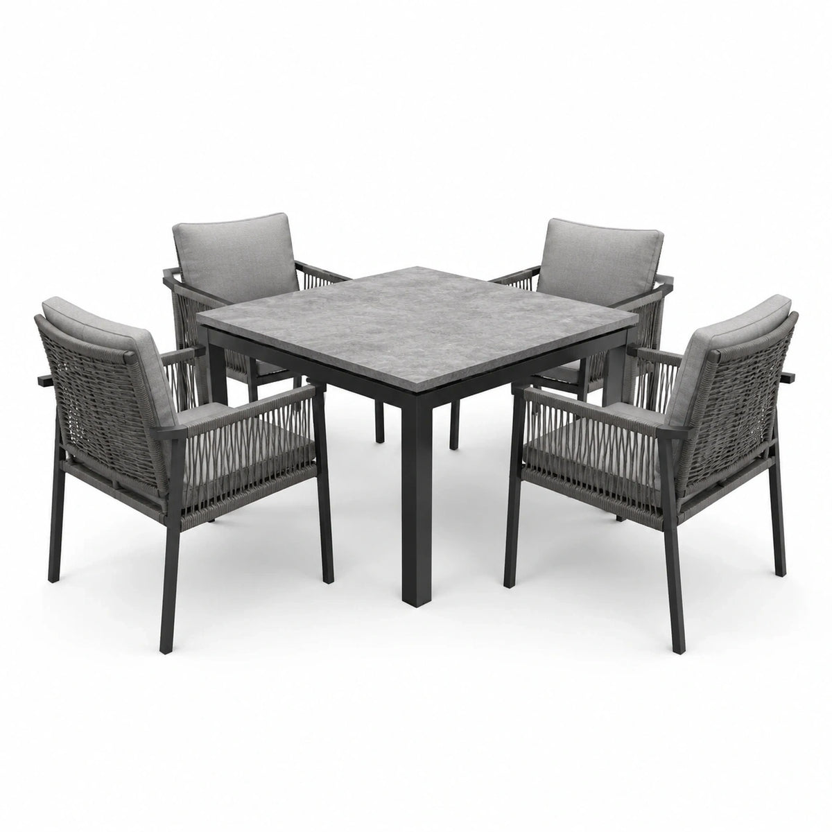 Table carrée 100 × 100 × 75 cm avec 4 fauteuils, gris et anthracite