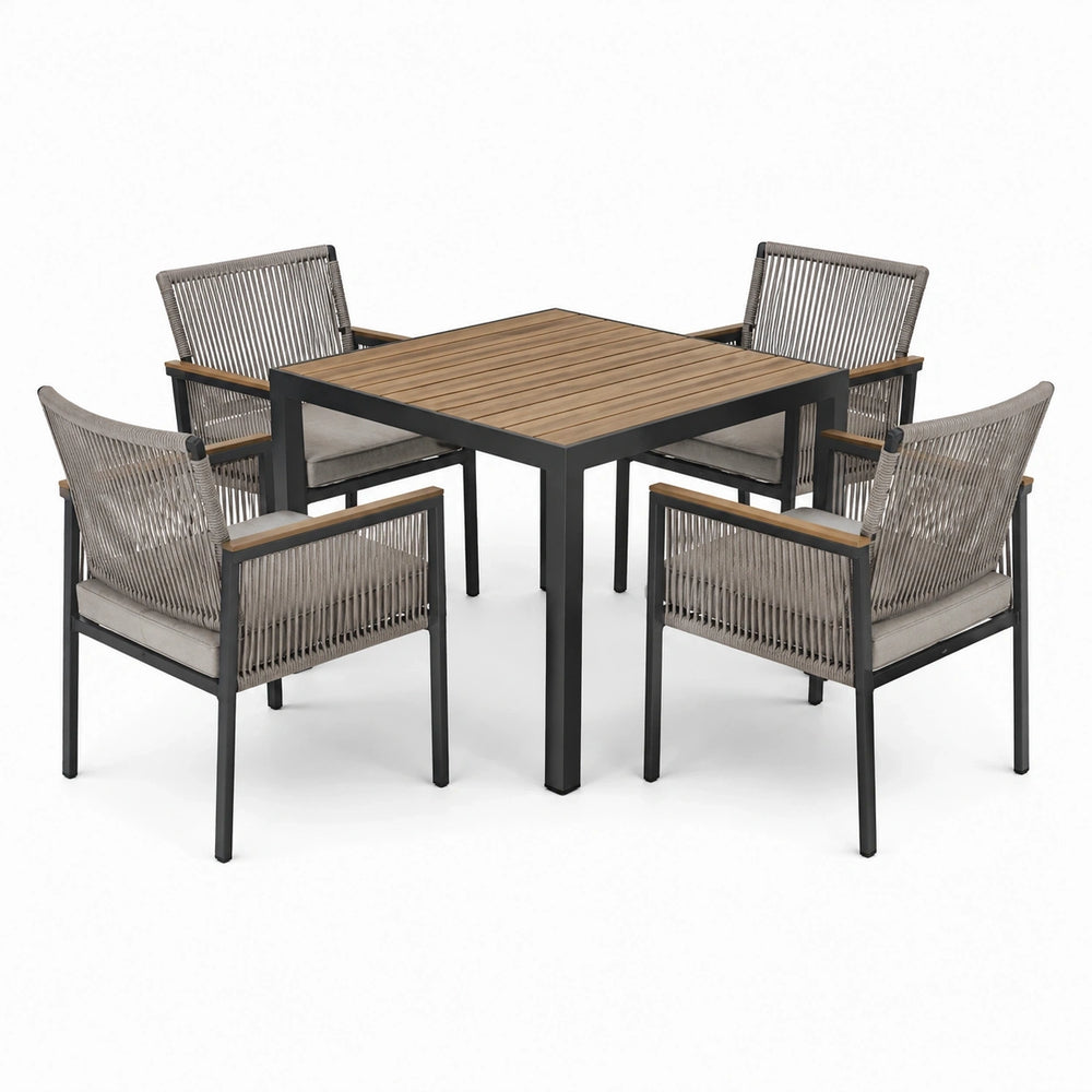 Ensemble repas de jardin 4 places avec table 90 × 90 × 75 cm et 4 fauteuils 58 × 60 × 85 cm, noir, brun et gris