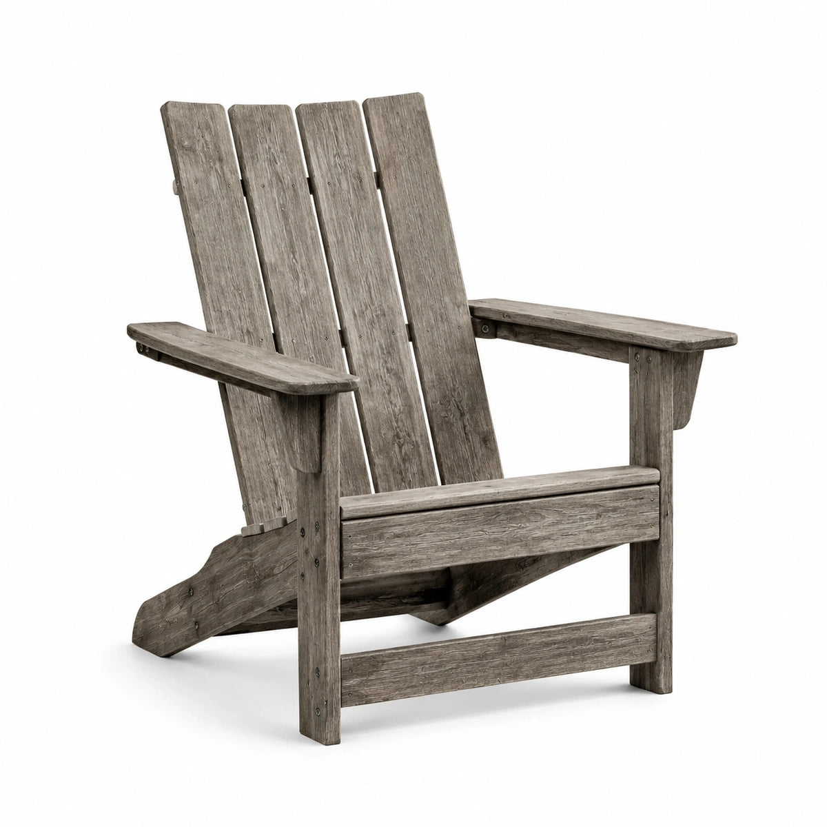 Fauteuil Adirondack d'extérieur en matériau composite gris aspect bois, 77 × 84 × 92 cm, avec larges accoudoirs