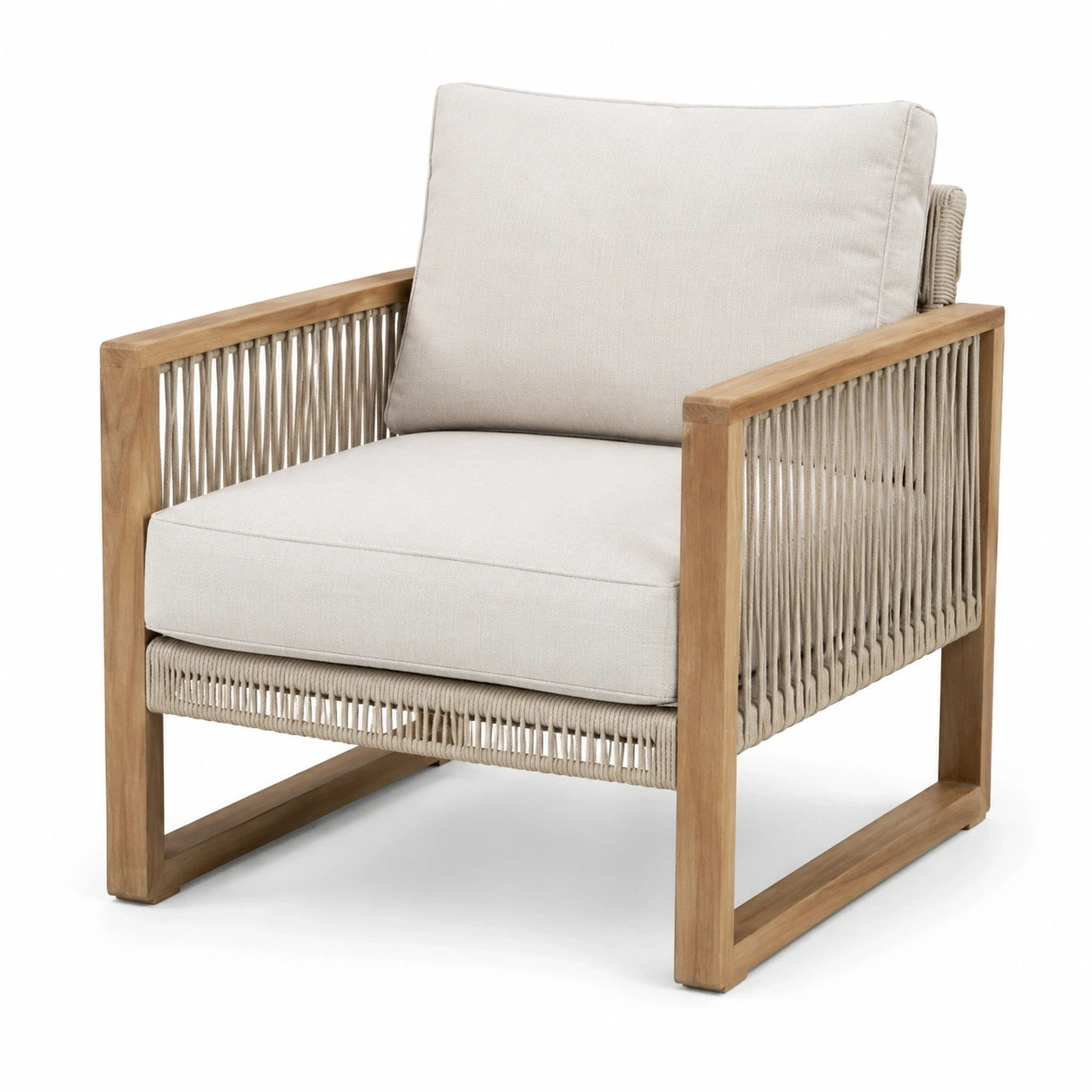 Fauteuil en bois naturel et corde tressée beige avec coussins, 75 × 80 × 82 cm