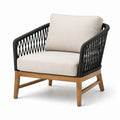 Fauteuil de jardin contemporain 78 × 82 × 84 cm en bois brun, corde noire et coussins beiges