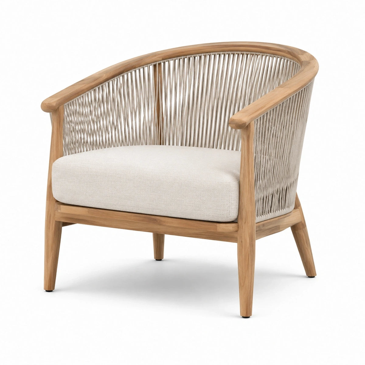 Fauteuil avec accoudoirs en bois naturel, corde beige et tissu écru, 76 × 78 × 80 cm