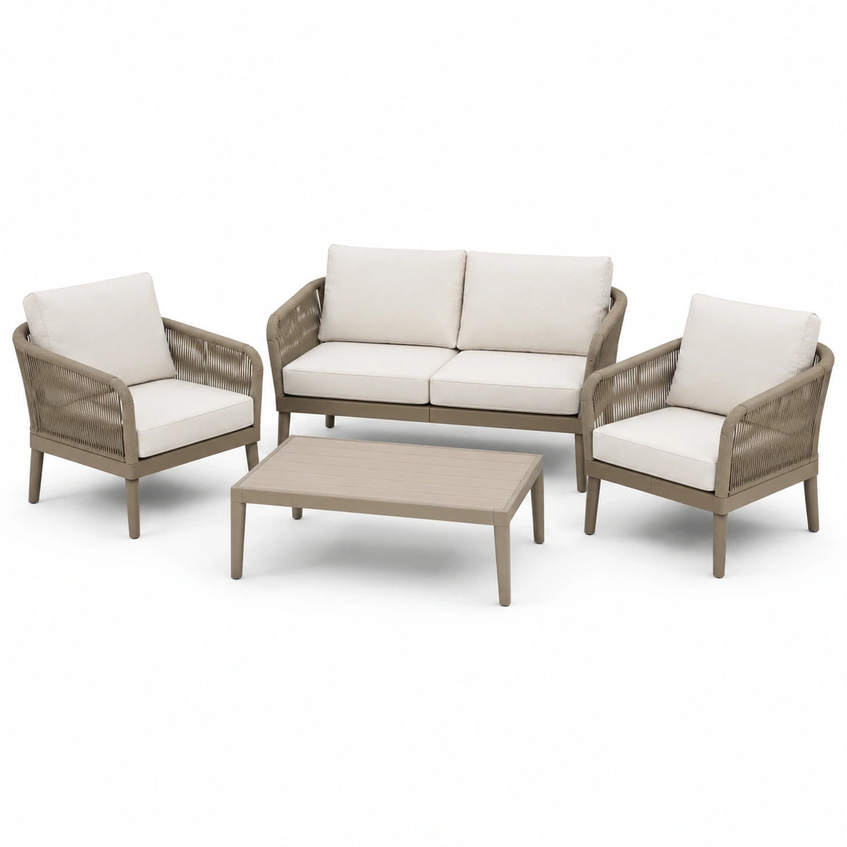 Ensemble de jardin 4 pièces taupe et écru avec canapé 132 × 75 × 78 cm, 2 fauteuils 70 × 75 × 78 cm et table 100 × 60 × 40 cm