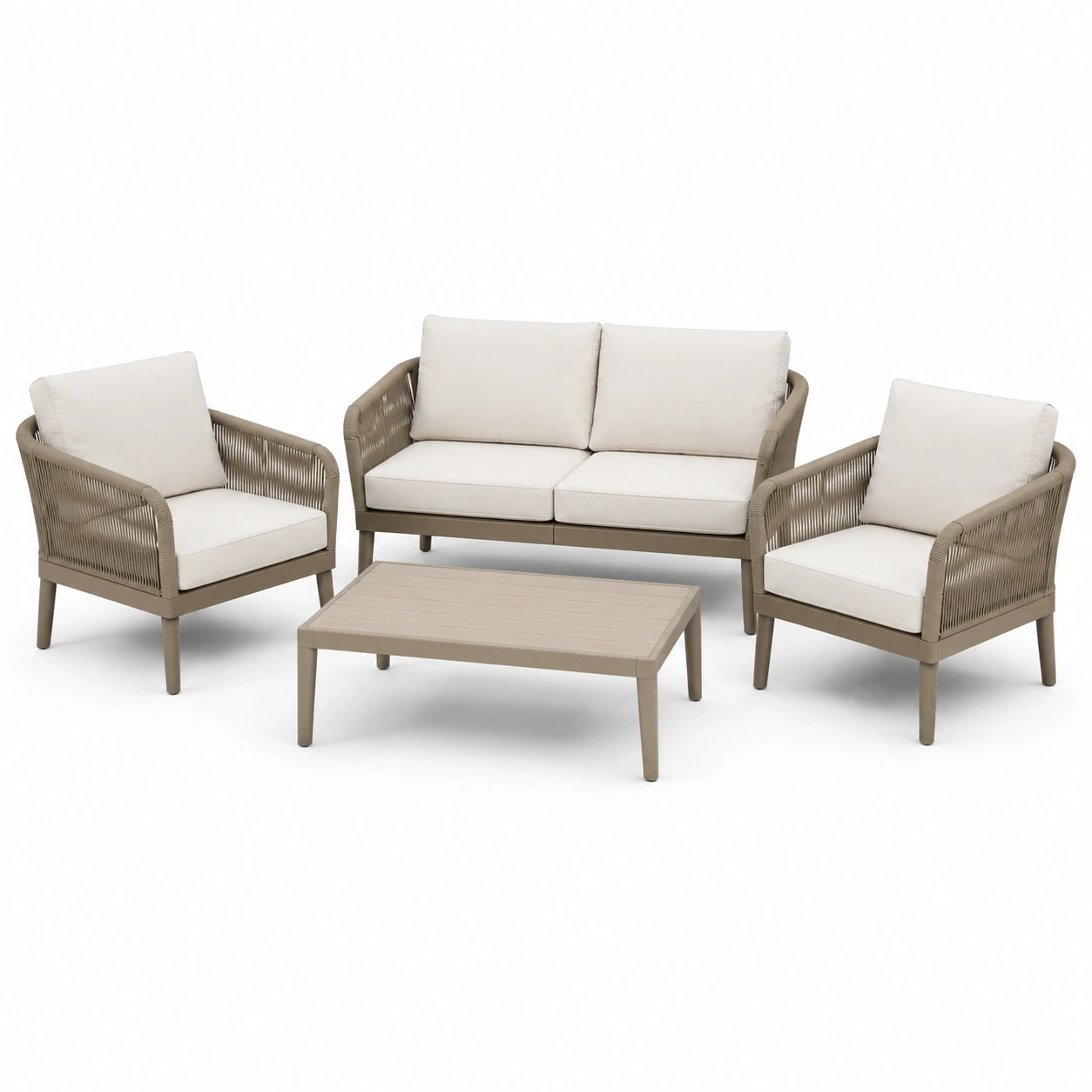 Ensemble de jardin 4 pièces taupe et écru avec canapé 132 × 75 × 78 cm, 2 fauteuils 70 × 75 × 78 cm et table 100 × 60 × 40 cm