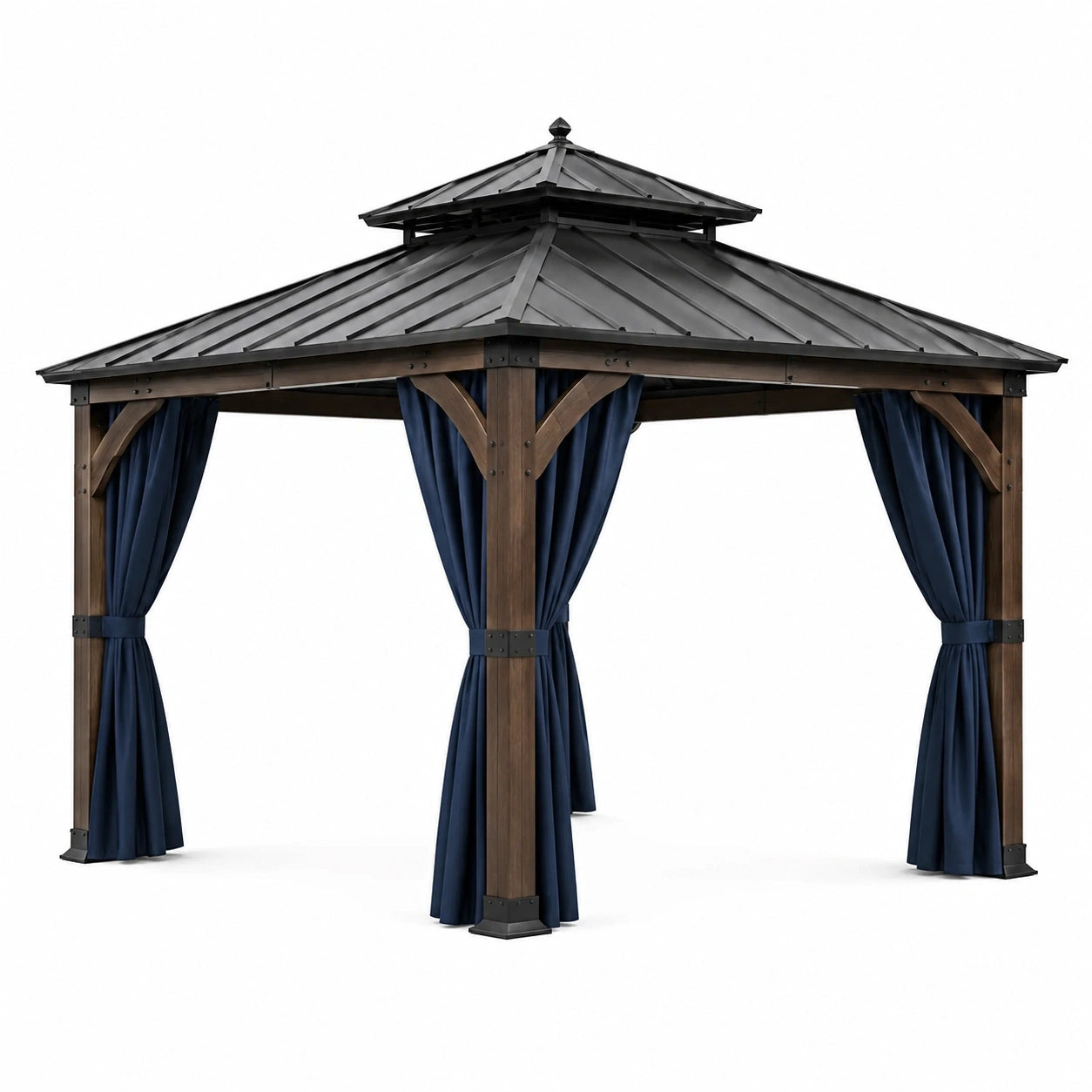 Tonnelle de jardin en bois brun 300 × 300 × 300 cm avec toit rigide noir et rideaux bleu marine