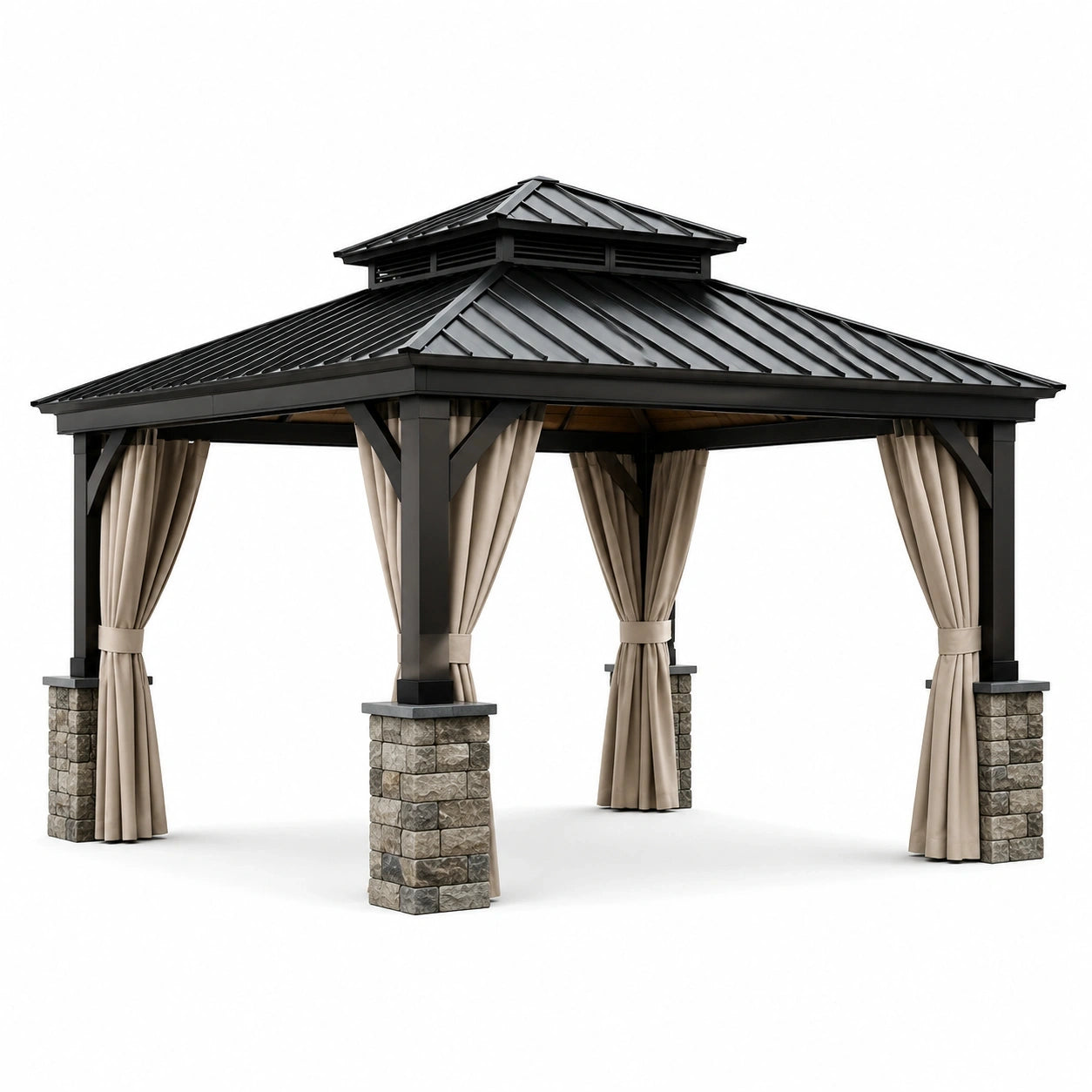 Tonnelle de jardin à toit rigide en acier noir avec rideaux beiges, 430 × 360 × 320 cm