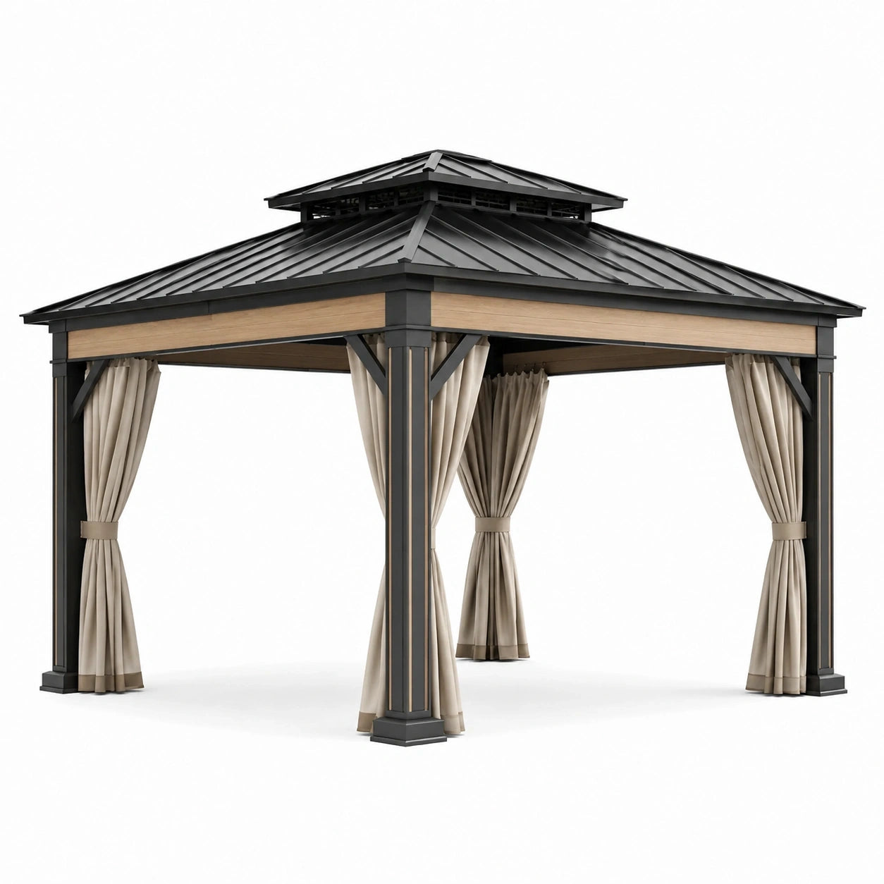 Pavillon de jardin en métal anthracite avec toit rigide à double niveau et rideaux beiges, 400 × 300 × 310 cm