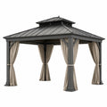 Tonnelle de jardin en métal anthracite avec rideaux beiges et toit rigide ventilé, 400 × 300 × 310 cm