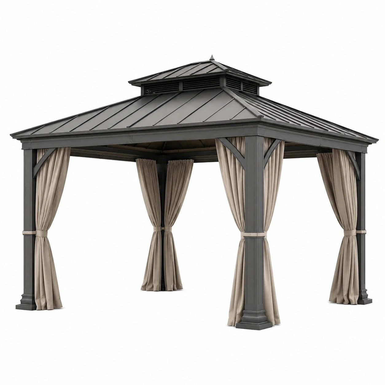 Tonnelle de jardin en métal anthracite avec rideaux beiges et toit rigide ventilé, 400 × 300 × 310 cm