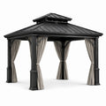 Tonnelle de jardin en métal anthracite avec rideaux gris et toit rigide à double niveau, 365 × 300 × 285 cm