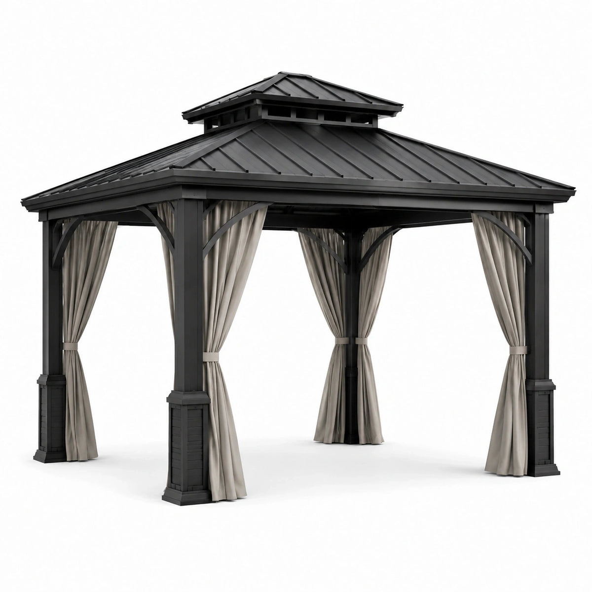 Tonnelle de jardin en métal anthracite avec rideaux gris et toit rigide à double niveau, 365 × 300 × 285 cm