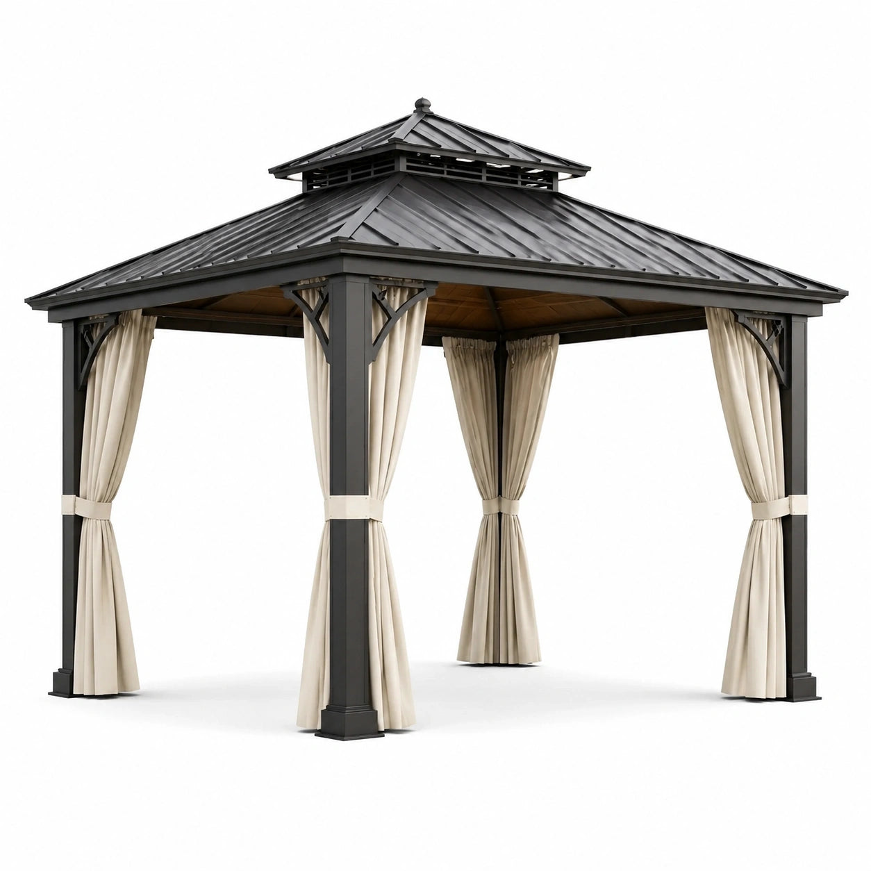 Tonnelle de jardin anthracite et beige 300 × 300 × 290 cm avec toit rigide et rideaux